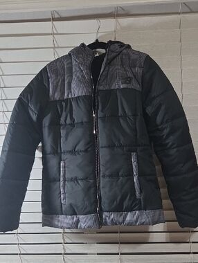 New Balance Black Hooded Puffer Jacket with Gray Plaid Accents